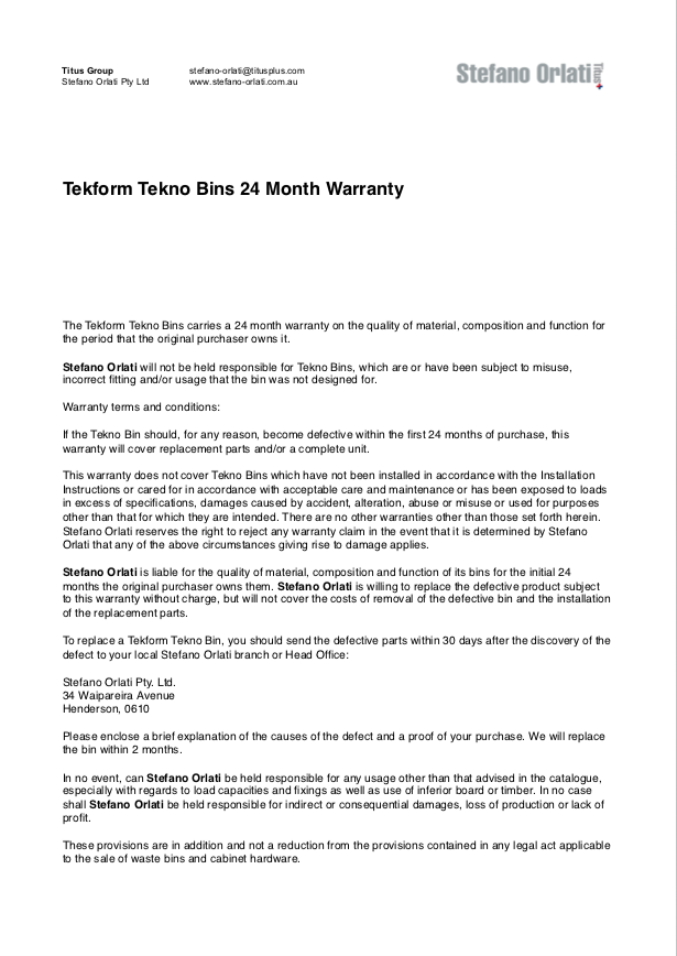 Tekno Bin Warranty